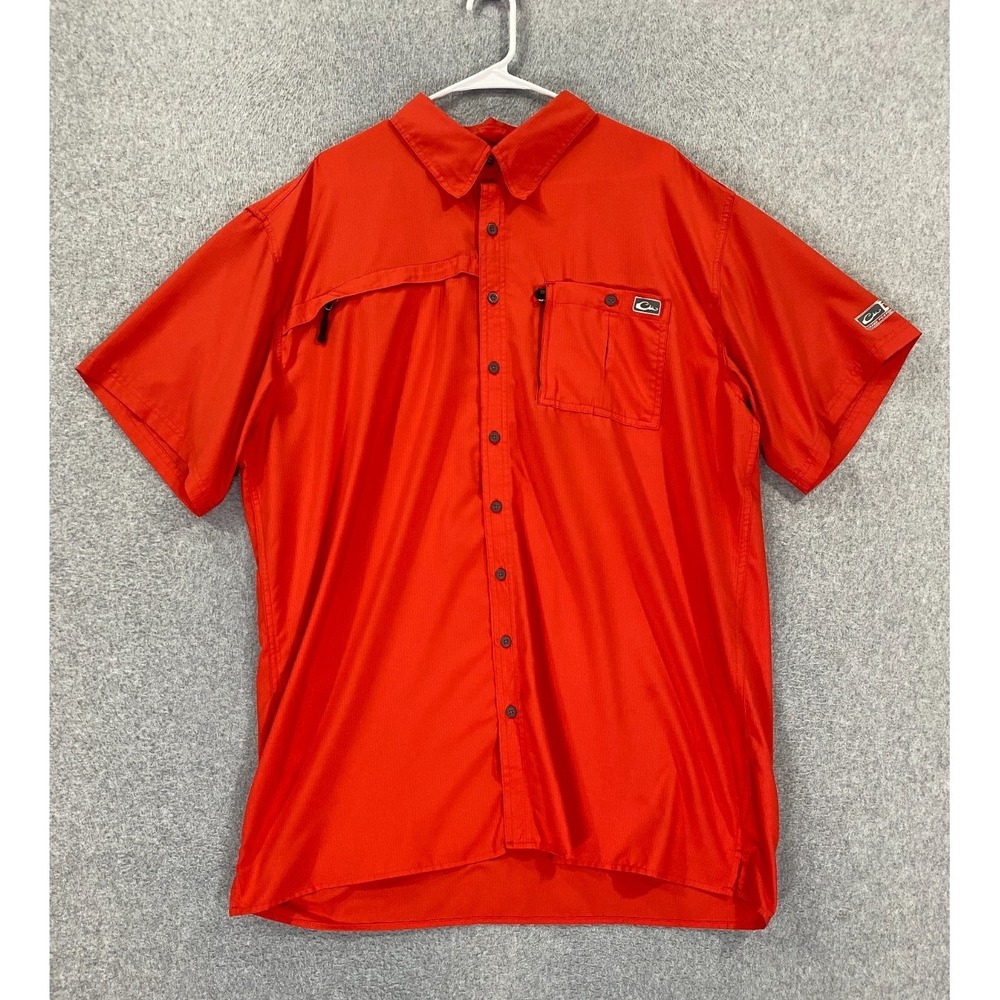 Drake Fishing Shirt Mens XL Extra Large‎ Red Short Sleeve Button Up Performance